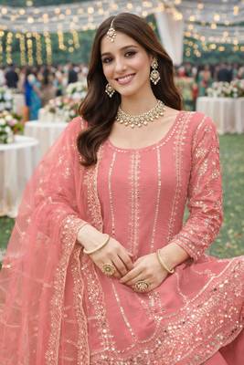 Peach chinon sharara salwar suit- Full stitched free size 2