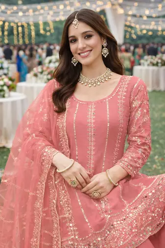 Peach chinon sharara salwar suit- Full stitched free size