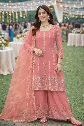 Peach chinon sharara salwar suit- Full stitched free size
