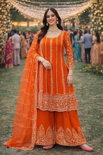 Orange chinon sharara salwar suit- Full stitched free size