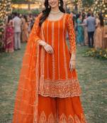 Orange chinon sharara salwar suit- Full stitched free size