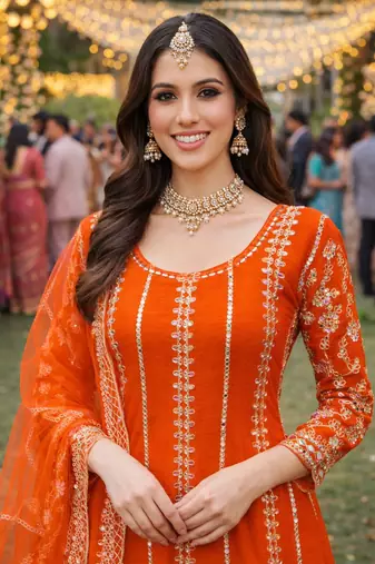 Orange chinon sharara salwar suit- Full stitched free size