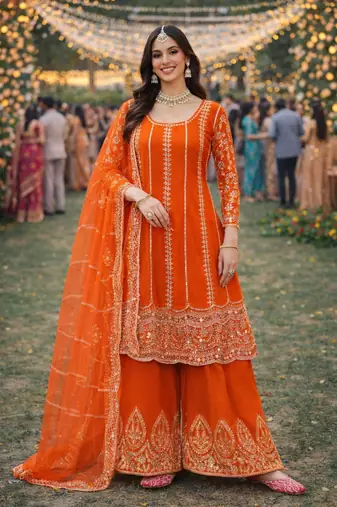 Orange chinon sharara salwar suit- Full stitched free size