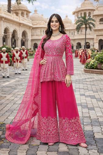 Rani pink chinon sharara salwar suit- Full stitched free size
