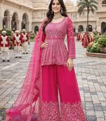Rani pink chinon sharara salwar suit- Full stitched free size
