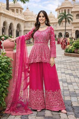 Rani pink chinon sharara salwar suit- Full stitched free size 2