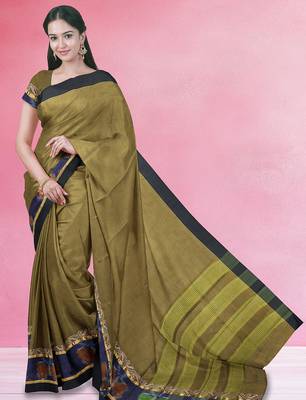 Jarosite olive green & dusty indigo blue chettinad cotton saree with running blouse 1