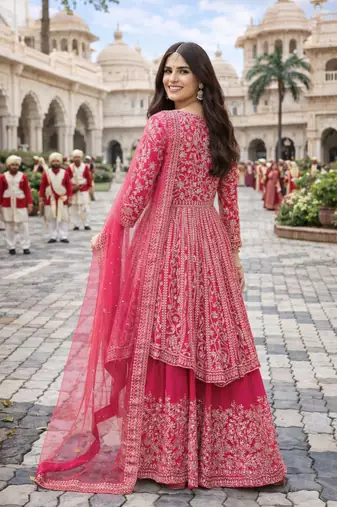Rani pink chinon sharara salwar suit- Full stitched free size