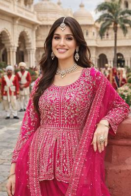 Rani pink chinon sharara salwar suit- Full stitched free size 4
