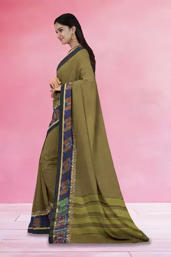 Jarosite olive green & dusty indigo blue chettinad cotton saree with running blouse