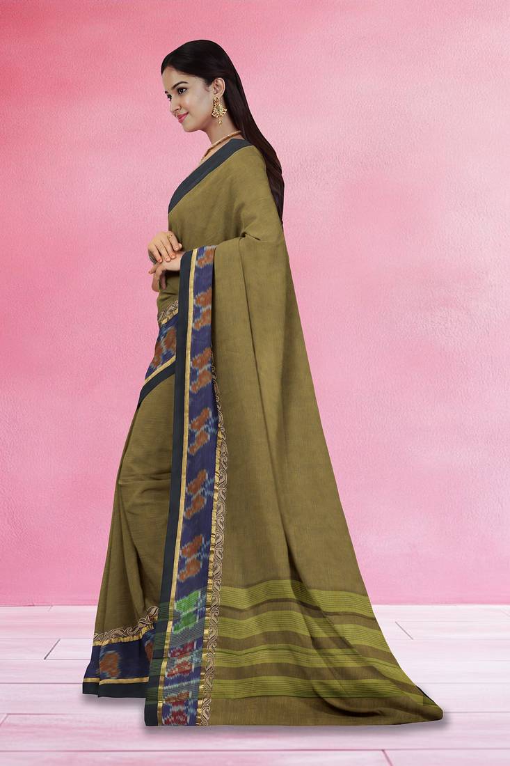 Jarosite olive green & dusty indigo blue chettinad cotton saree with running blouse