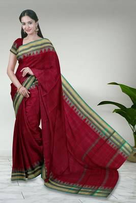 Rich dark red & jade green chettinad cotton saree with running blouse 1