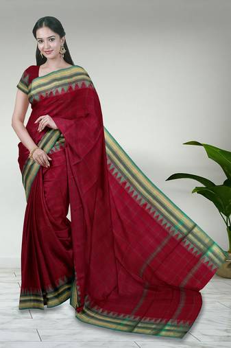 Rich dark red & jade green chettinad cotton saree with running blouse