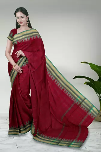 Rich dark red & jade green chettinad cotton saree with running blouse
