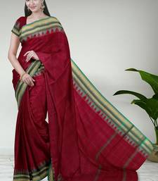 Rich dark red & jade green chettinad cotton saree with running blouse