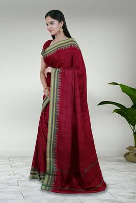 Rich dark red & jade green chettinad cotton saree with running blouse 4