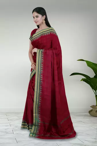 Rich dark red & jade green chettinad cotton saree with running blouse
