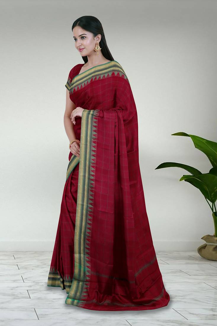 Rich dark red & jade green chettinad cotton saree with running blouse