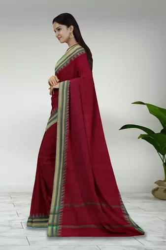 Rich dark red & jade green chettinad cotton saree with running blouse
