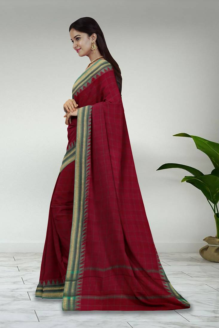 Rich dark red & jade green chettinad cotton saree with running blouse