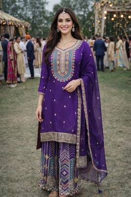 Purple chinon sharara salwar suit- Full stitched free size 4
