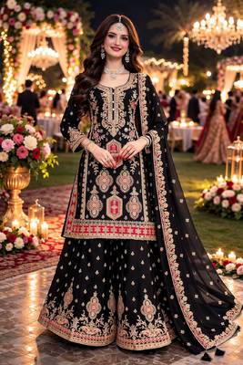 Black chinon sharara salwar suit- Full stitched free size 4