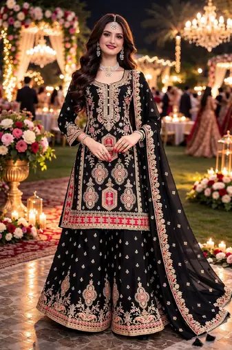 Black chinon sharara salwar suit- Full stitched free size