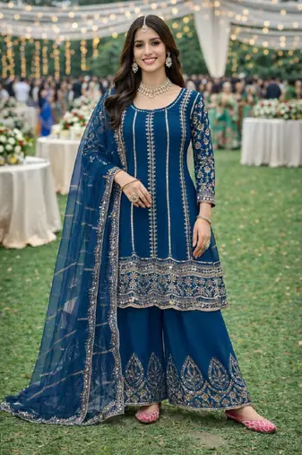 Blue chinon sharara salwar suit- Full stitched free size