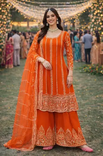 Orange chinon sharara salwar suit- Full stitched free size
