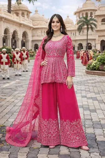 Rani pink chinon sharara salwar suit- Full stitched free size