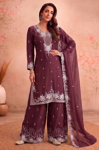 Brown chiffon sharara salwar suit - Full stitched free size