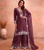 Brown chiffon sharara salwar suit - Full stitched free size