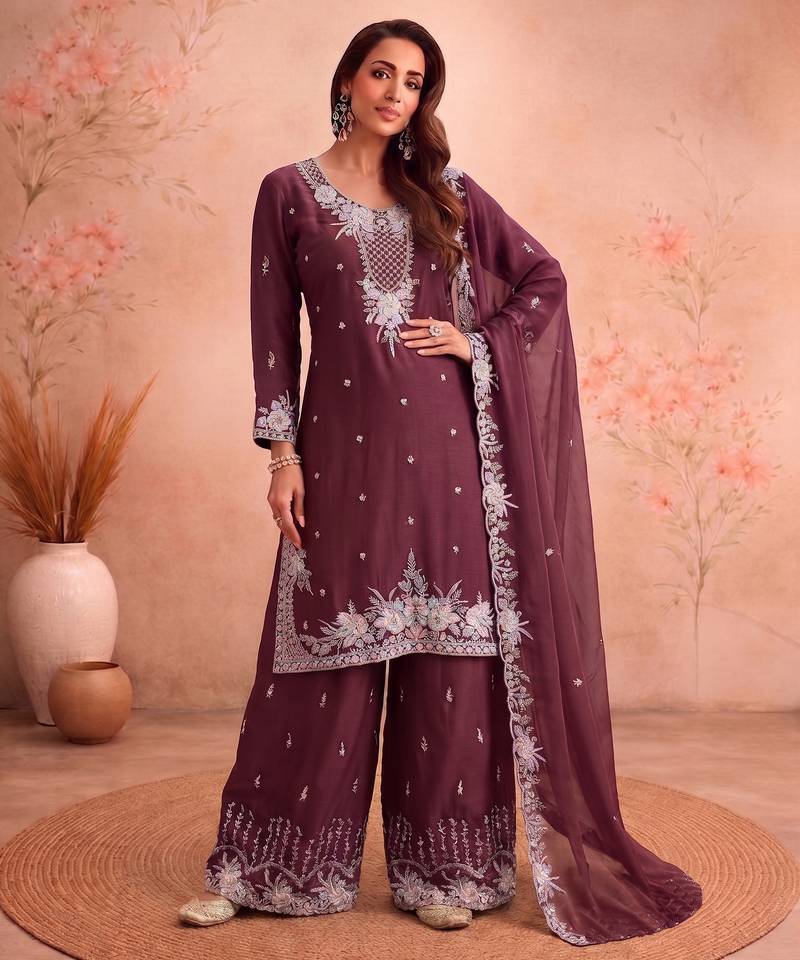 Brown chiffon sharara salwar suit - Full stitched free size