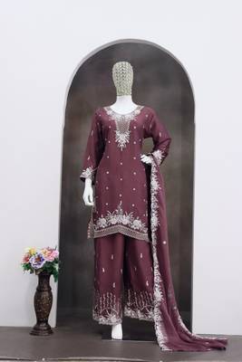 Brown chiffon sharara salwar suit - Full stitched free size 2