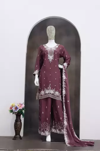 Brown chiffon sharara salwar suit - Full stitched free size