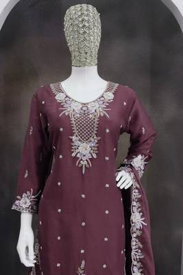 Brown chiffon sharara salwar suit - Full stitched free size 3