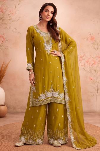 Yellow chiffon sharara salwar suit - Full stitched free size