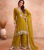 Yellow chiffon sharara salwar suit - Full stitched free size