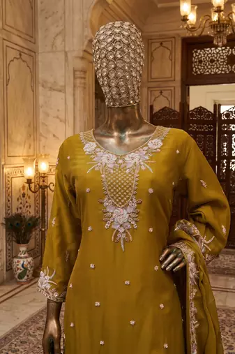 Yellow chiffon sharara salwar suit - Full stitched free size