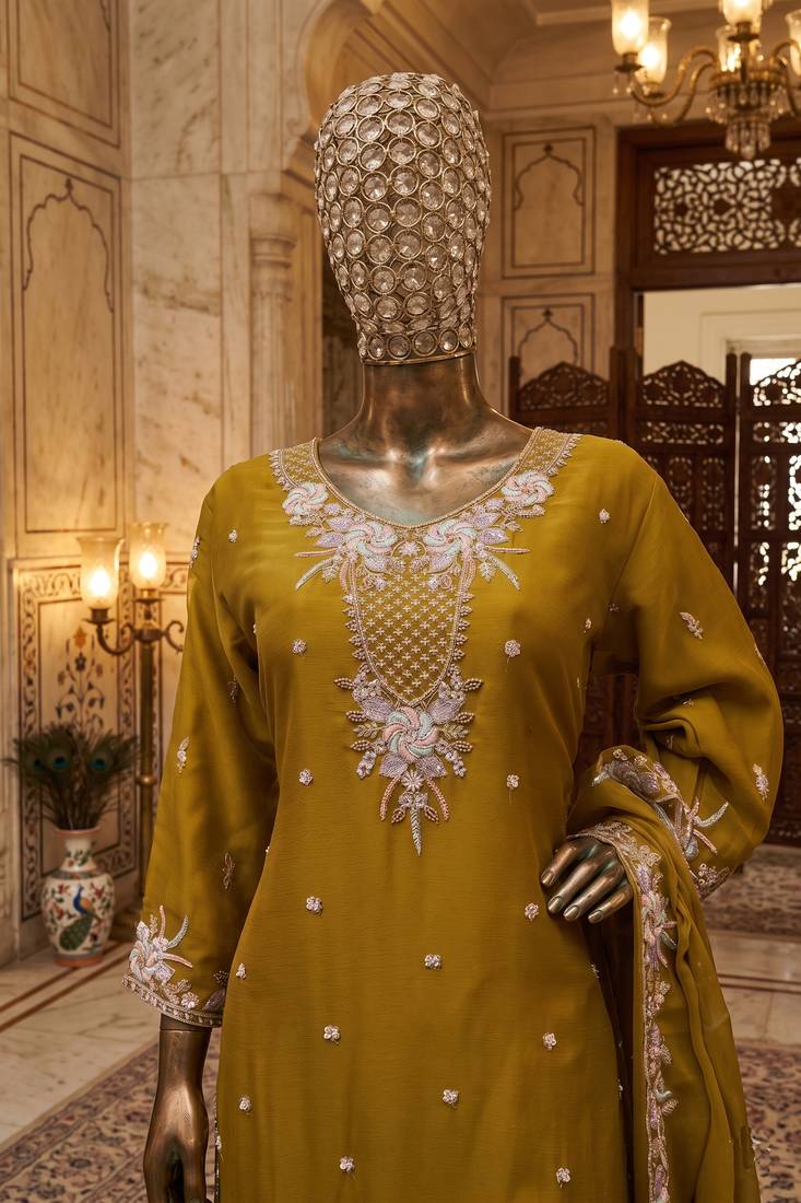 Yellow chiffon sharara salwar suit - Full stitched free size