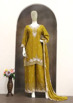 Yellow chiffon sharara salwar suit - Full stitched free size 3
