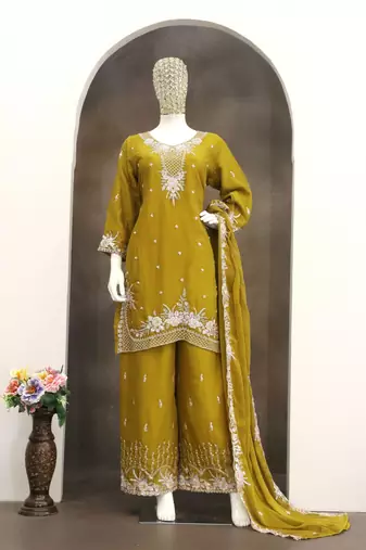 Yellow chiffon sharara salwar suit - Full stitched free size