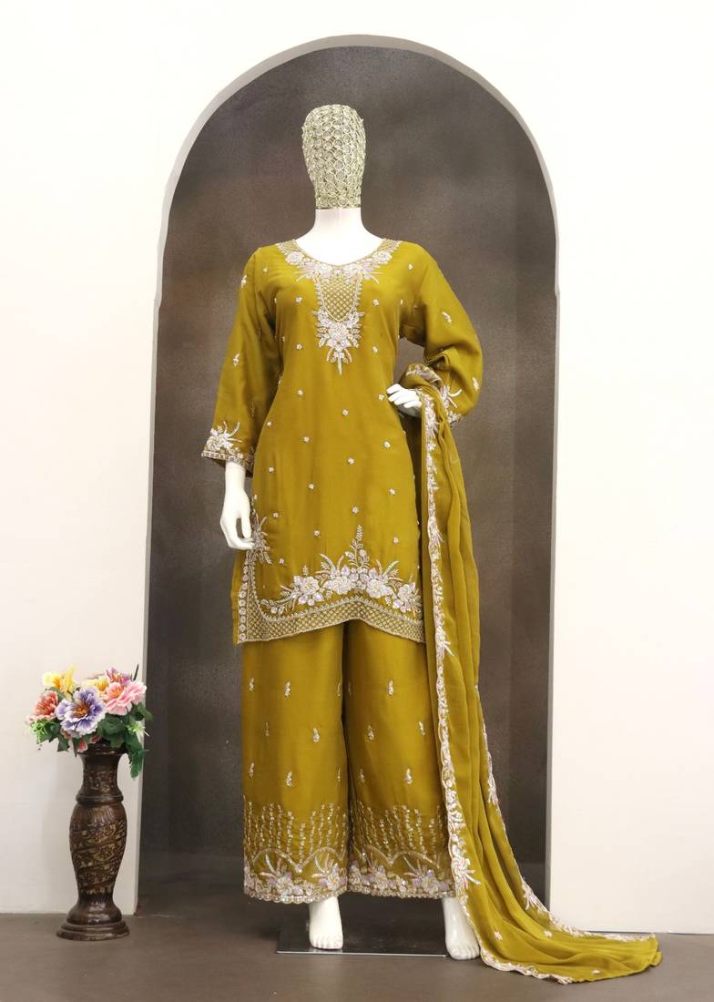 Yellow chiffon sharara salwar suit - Full stitched free size