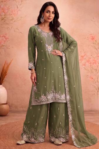 Green chiffon sharara salwar suit - Full stitched free size