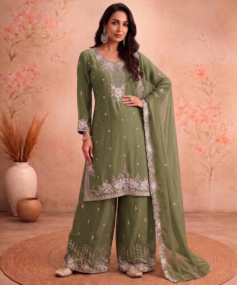 Green chiffon sharara salwar suit - Full stitched free size
