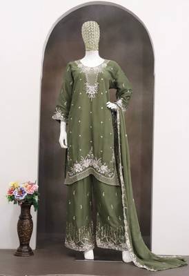 Green chiffon sharara salwar suit - Full stitched free size 3