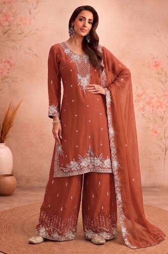 Orange chiffon sharara salwar suit - Full stitched free size