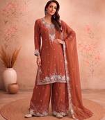 Orange chiffon sharara salwar suit - Full stitched free size