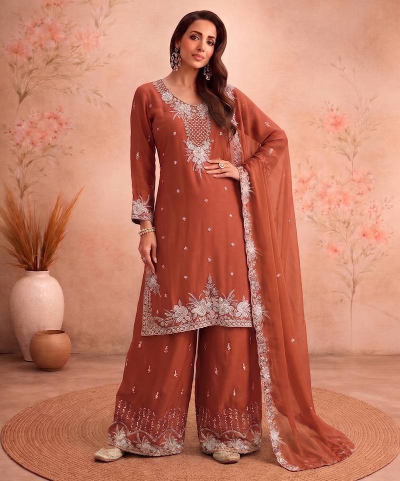 Orange chiffon sharara salwar suit - Full stitched free size