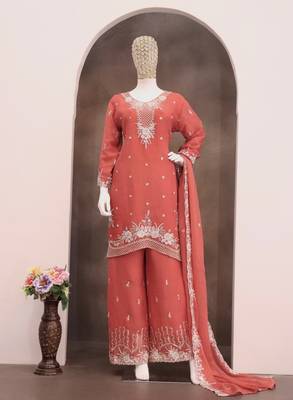 Orange chiffon sharara salwar suit - Full stitched free size 2